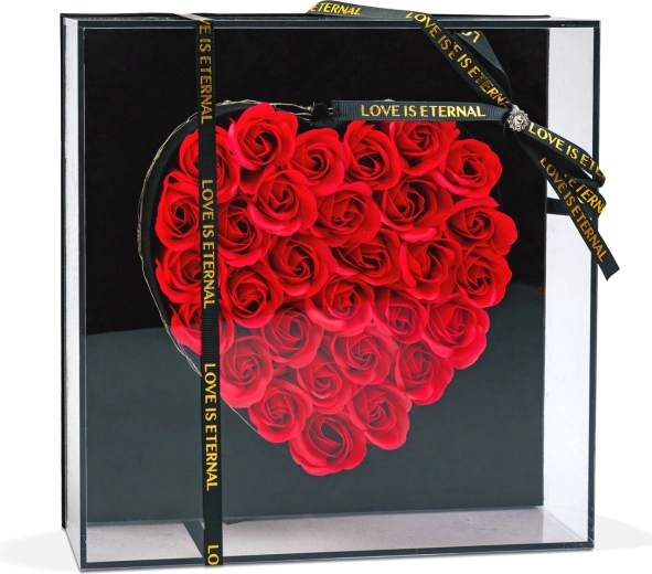 Roses rouges artificielles en forme de cœur dans une boîte cadeau avec éclairage LED