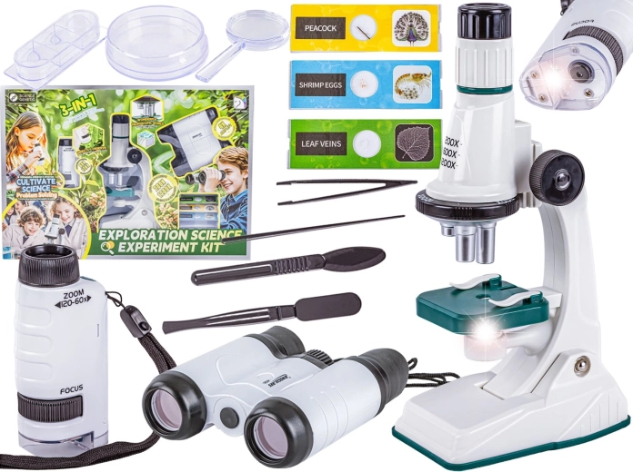 Coffret scientifique éducatif 3 en 1 : microscope, télescope et loupe de poche jusqu’à 1200×