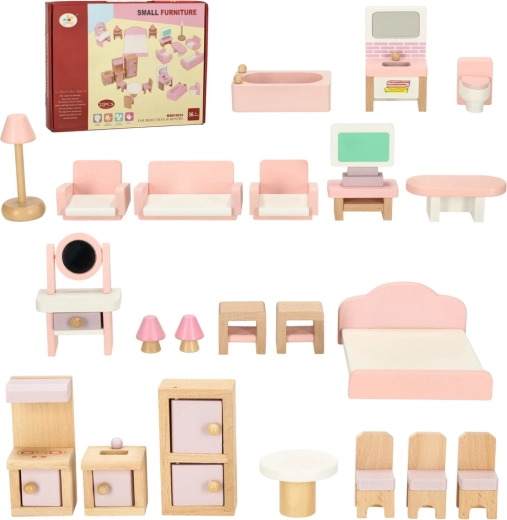 Mobilier en bois pour maison de poupées – salon, chambre, salle de bain et cuisine, rose