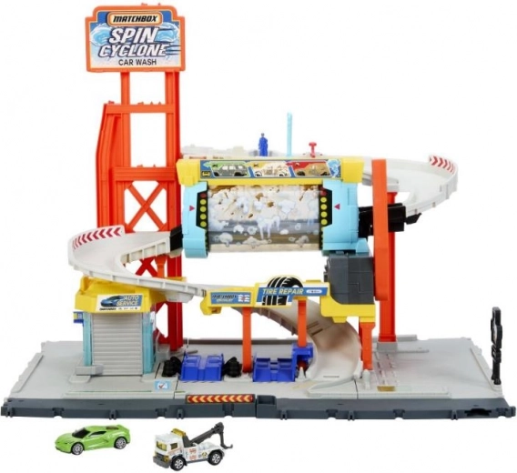 station de lavage Matchbox Turbo Cyclone – set de jeu à étages avec rampe et service