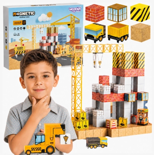 Woopie cubes magnétiques 165 pcs – jeu de construction chantier avec grue et pelleteuse 3D