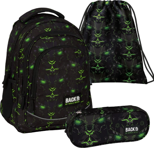 Set scolaire BackUP Monster Green 3-en-1 – sac à dos, trousse et sac
