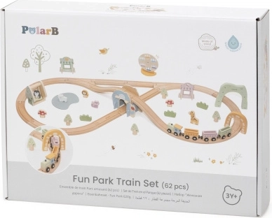 Circuit de train en bois Viga avec parc d'attractions, 62 pièces