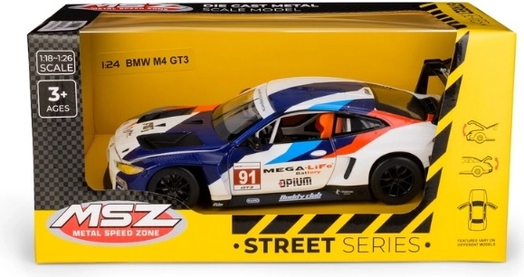 Modèle de voiture de course BMW M4 GT3 à l’échelle 1:24, bleu et blanc