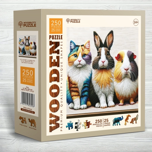 Puzzle en bois Chat, Lapin et Cochon d'Inde 250 pièces de Wooden City