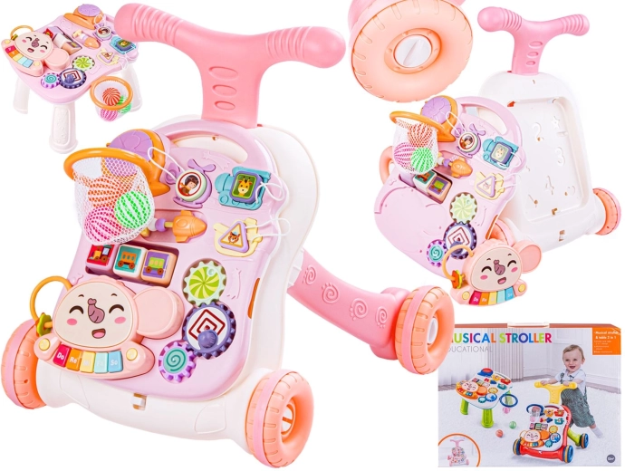 Trotteur éducatif musical et pousseur avec activités blanc-rose - 1 pièce