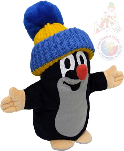 Moravská ústředna Marionnette à main Krtek avec bonnet bleu-jaune 25 cm