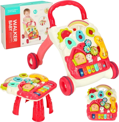 Trotteur interactif et table éducative 4-en-1 Bibi-inn – Rose