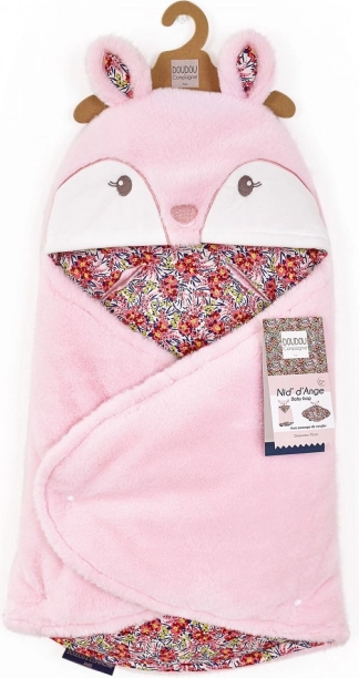 Doudou couverture rose en peluche à capuche Boh'aime 70 cm