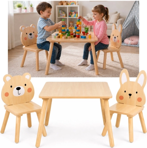 Table enfant en bois avec deux chaises ourson et lapin