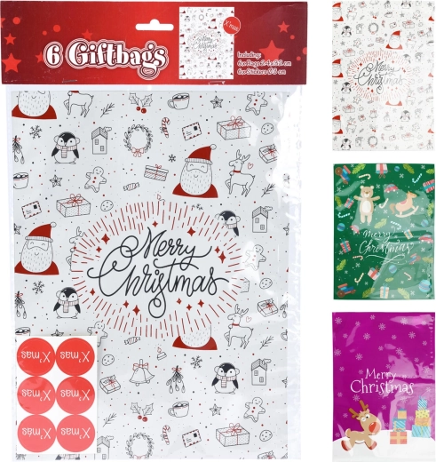 Sachets cadeaux en cellophane avec autocollants, assortiment de motifs de Noël, 32 × 24 cm, 6 + 6 pcs
