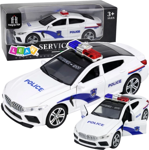 Voiture de police avec lumières et sons, portes ouvrantes, blanche