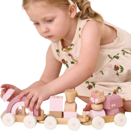 train en bois PolarB rose avec wagons et blocs de construction Viga