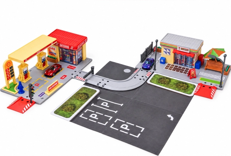 Route, parking et deux petites voitures