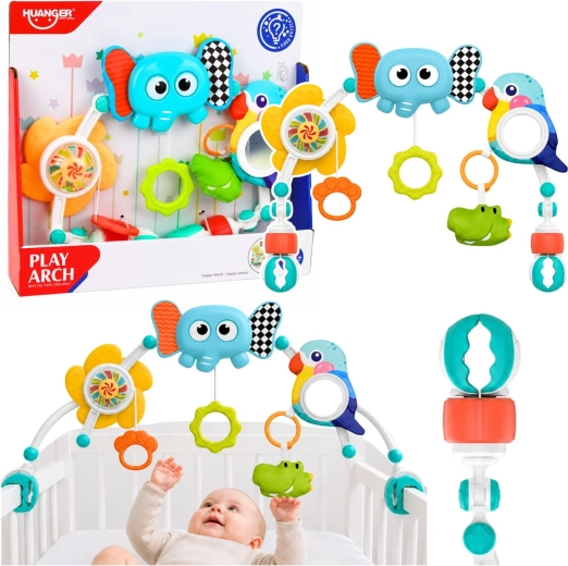 Arche de jeu sensorielle avec éléphant pour poussette, lit et siège auto