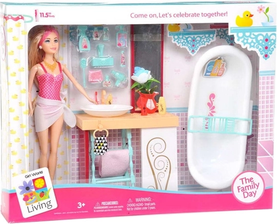 Poupée avec mobilier de salle de bain et accessoires