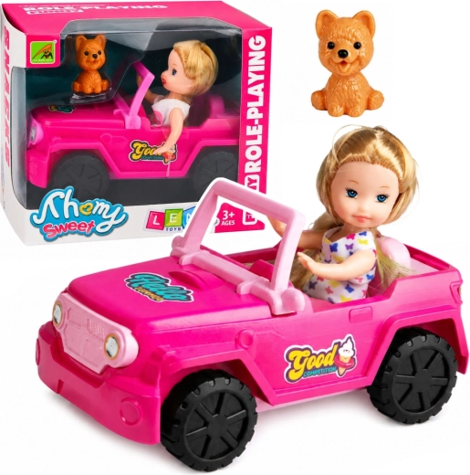 Mini poupée dans un cabriolet tout-terrain rose avec un chien