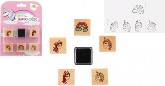 Tampons en bois avec encreur – licornes et arc‑en‑ciel (5+1), 3 × 3 cm