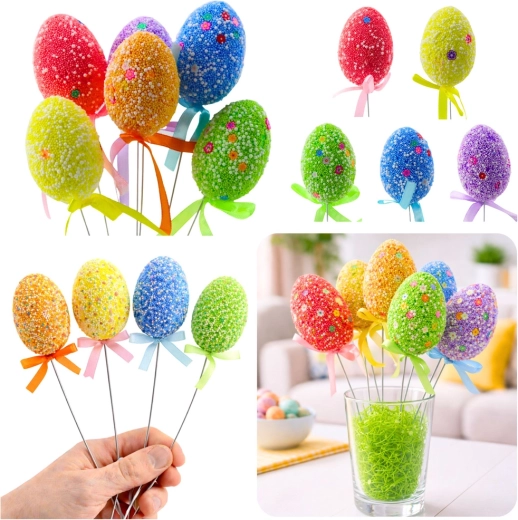 Œufs de Pâques sur tige métallique avec motifs colorés - 6 pièces