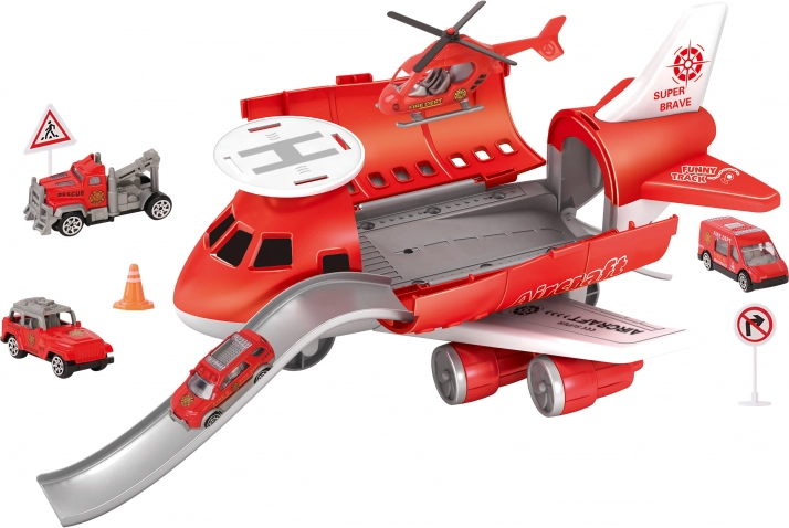 Station d'atterrissage de pompiers avec véhicules et hélicoptère