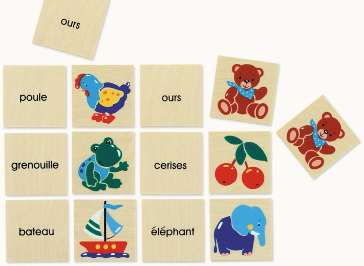 Jeu de mémoire en bois avec images et mots allemands