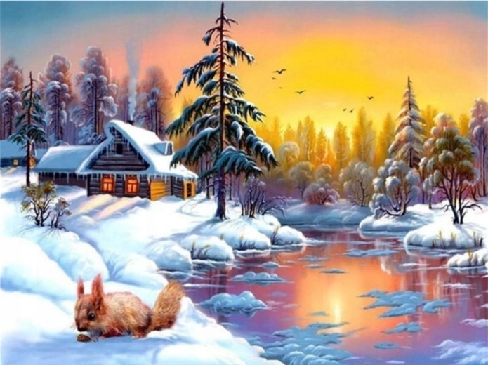 Norimpex peinture diamant maison d’hiver au bord du lac avec des écureuils 30 × 40 cm