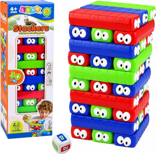 Jeu d’adresse familial Stackers – tour de cubes colorés avec des yeux (30 pièces)