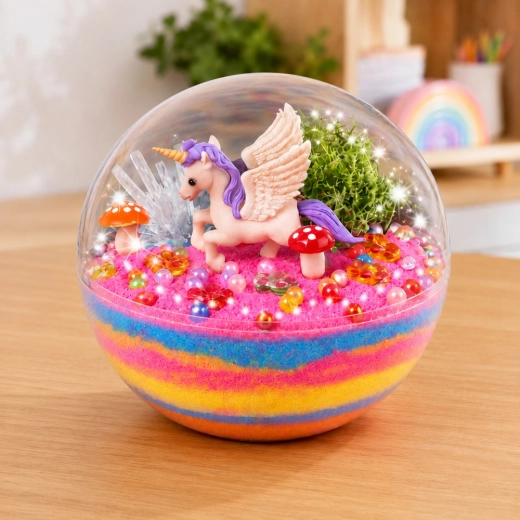 Décoration finie avec une licorne sous un couvercle transparent
