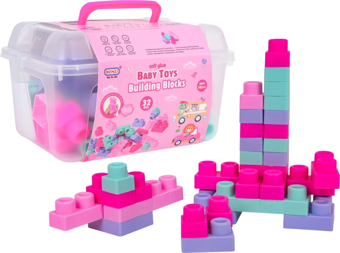 Ensemble de blocs de construction souples 32 pcs rose avec mallette