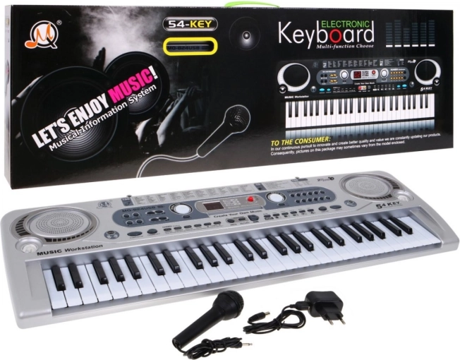 Synthétiseur clavier pour enfants argenté 54 touches avec microphone et enregistrement USB