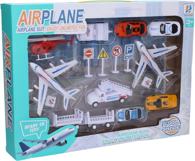 Set d'aéroport avec véhicules et avions