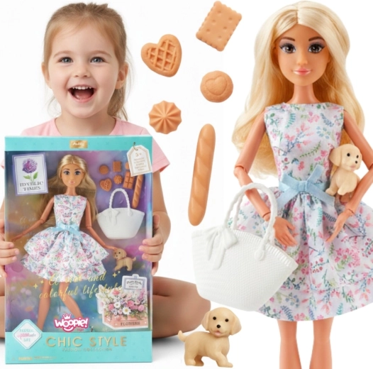 Poupée Lily Woopie Royal de 30 cm en robe printanière avec accessoires de pique-nique et petit chien