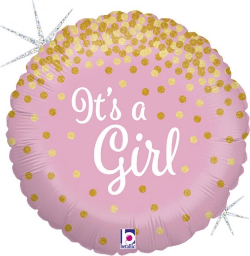 Ballon en aluminium Grabo « C’est une fille ! » rose 46 cm avec confettis dorés - 1 pièce