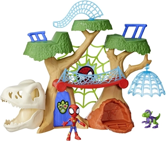 Jeu avec les figurines de Spider-Man et d’un dinosaure
