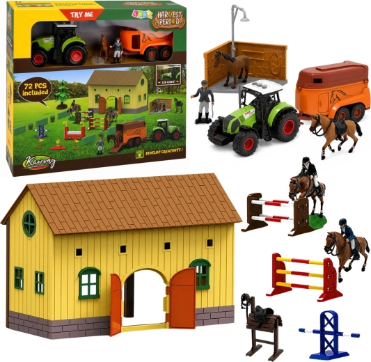 Écuries pour chevaux avec tracteur, remorque et parcours d’obstacles – 72 pcs avec LED
