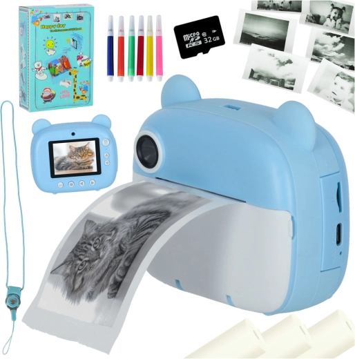 Appareil photo instantané pour enfants avec imprimante thermique ourson bleu 32 Go