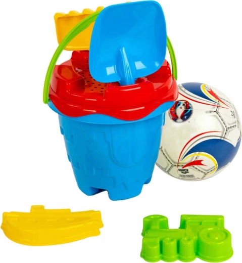 Ensemble pour le sable avec seau en forme de château, ballon et outils