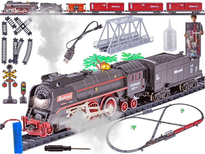 Circuit de train électrique avec locomotive à vapeur, son, lumière et vapeur – grand set avec batterie rechargeable