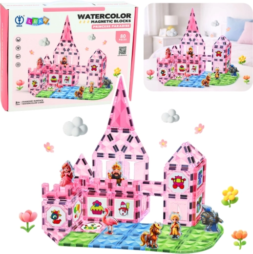Jeu de construction magnétique château de princesse, cartes aquarelles, 80 pièces