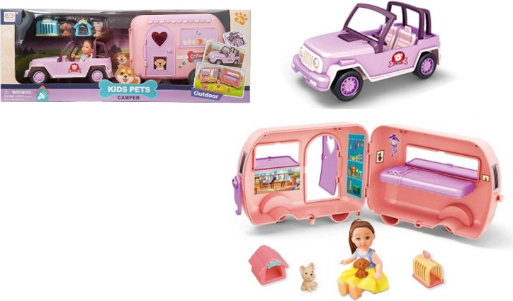 Voiture avec caravane, poupée et accessoires