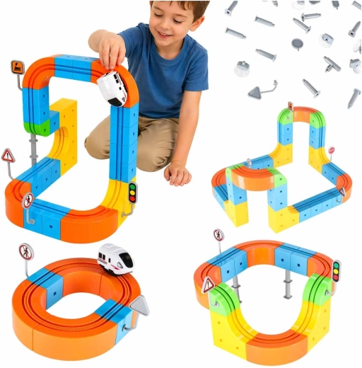 Jeu de construction magnétique – circuit de course avec train 65 pièces