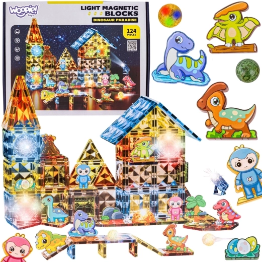 Jeu de construction magnétique lumineux Woopie, parc de dinosaures 3D, 124 pièces