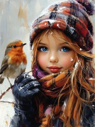 Peinture par numéros – fille et petit oiseau 40 × 50 cm