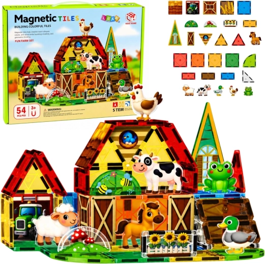 Éléments de construction magnétiques ferme avec animaux 54 pcs