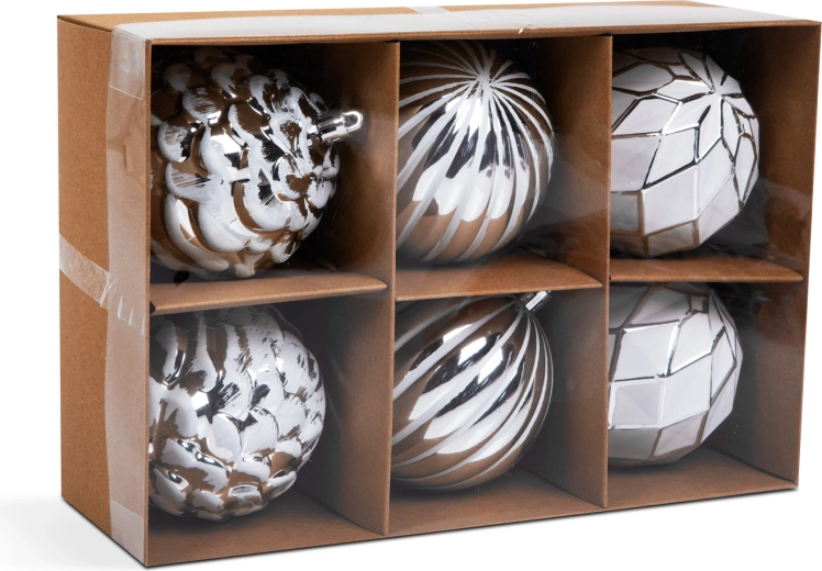 Set de décorations de Noël pour sapin blanches et argentées, 6 pièces