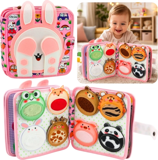 Livre sensoriel textile en feutre – petit lapin rose 3D