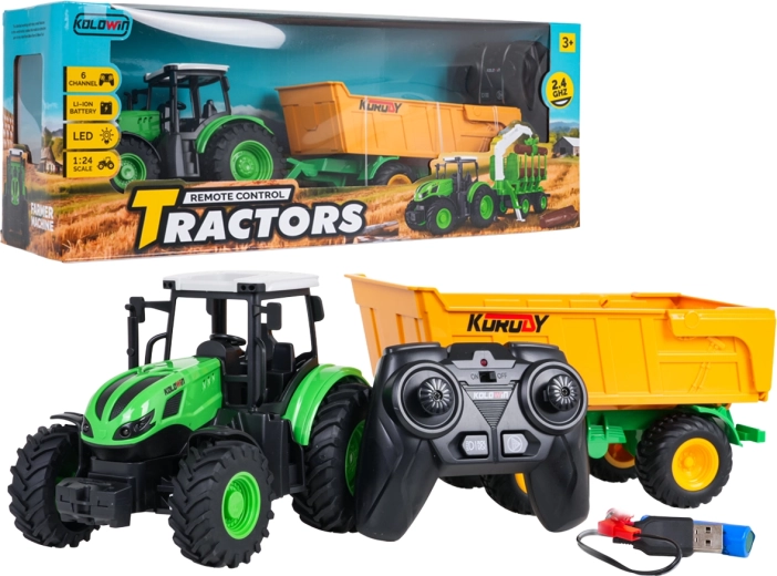 Tracteur radiocommandé avec remorque basculante jaune à l'échelle 1:24