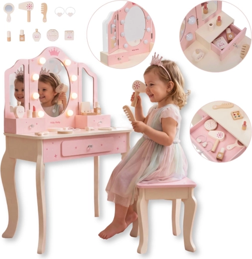 Coiffeuse enfant en bois Milly Mally Queen Pink avec miroir LED