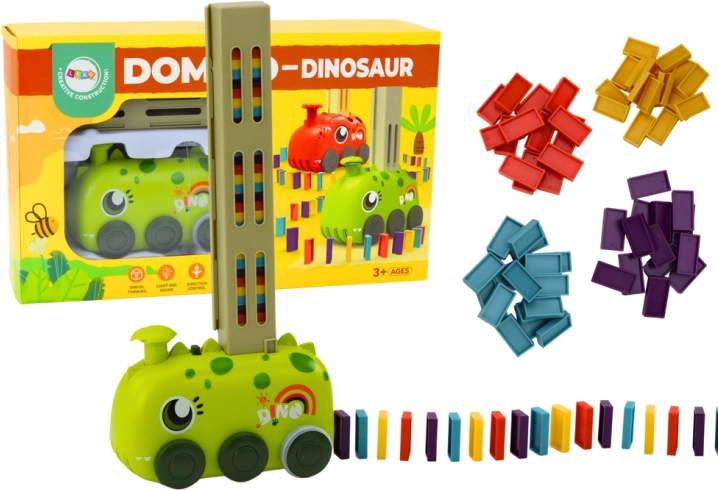 Petite voiture verte DINOSAUR à piles construisant des dominos colorés