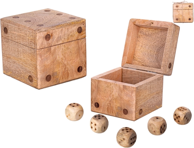 Cube en bois de manguier avec boîte de rangement et set de 5 dés